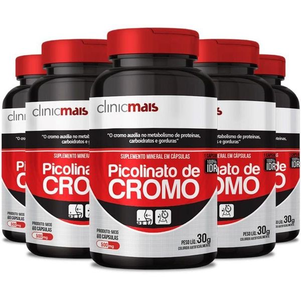 Kit 5 Picolinato De Cromo 500mg Chá Mais 60 Cápsulas