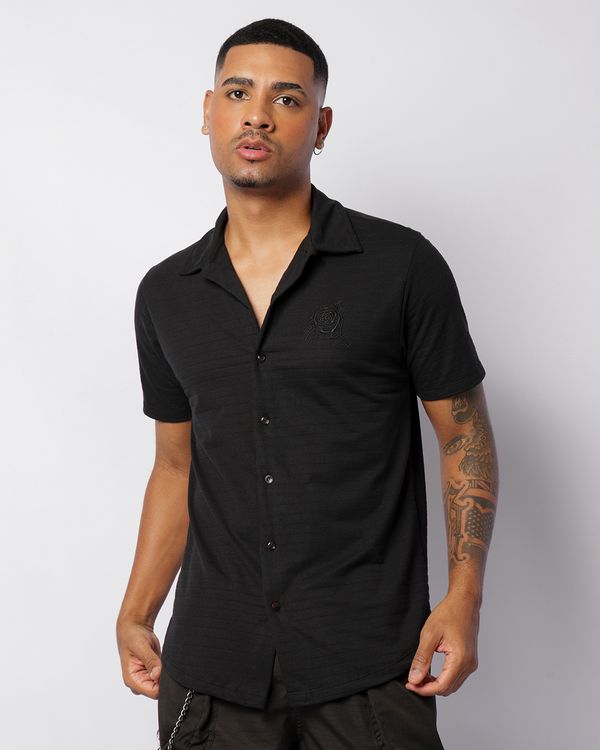 Camisa Masculina Texturizada Com Bordado Manga Curta Preta G