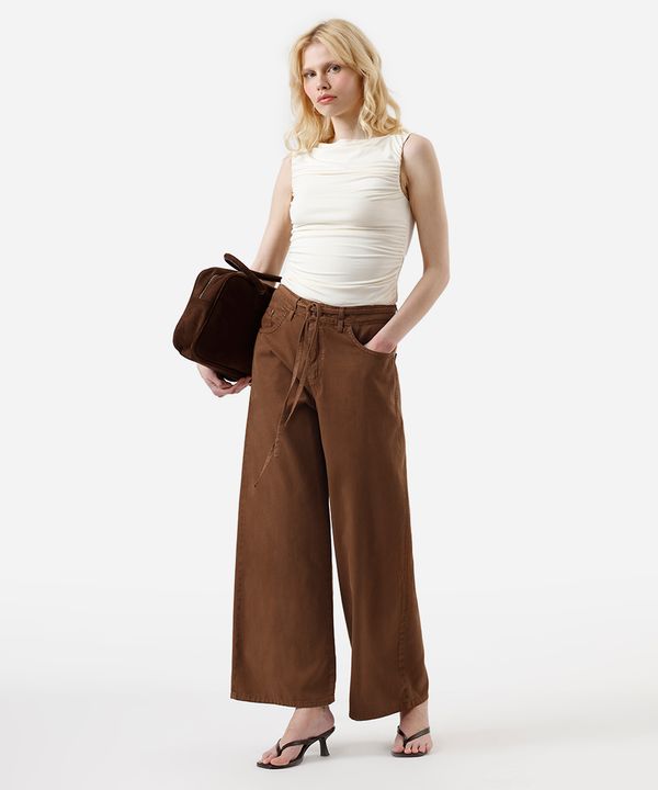 calça wide leg feminina de sarja com cordão marrom 44