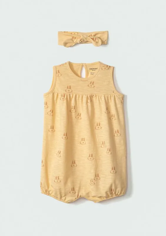 Macacão Banho de Sol Bebê Menina + Faixa de Cabelo - Amarelo 06M