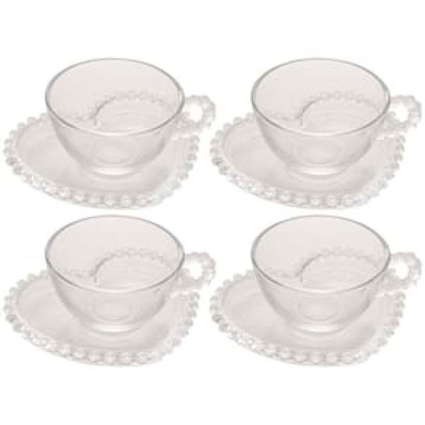 Conjunto de Xícaras de Chá Com Pires Cristal Coração Pearl, 4 Peças, Transparente, 180ml - 28381