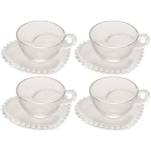 Conjunto com 4 Xícaras e Pires para Chá Wolff Pearl Coração em Cristal - 180 ml