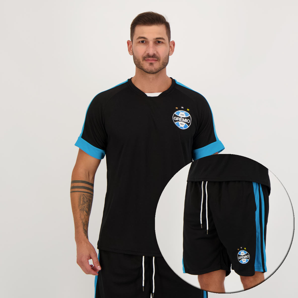 Conjunto Grêmio Camisa e Bermuda Preta
