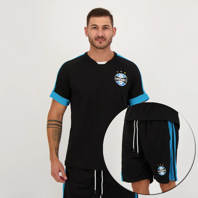 Conjunto Grêmio Camisa e Bermuda Preta