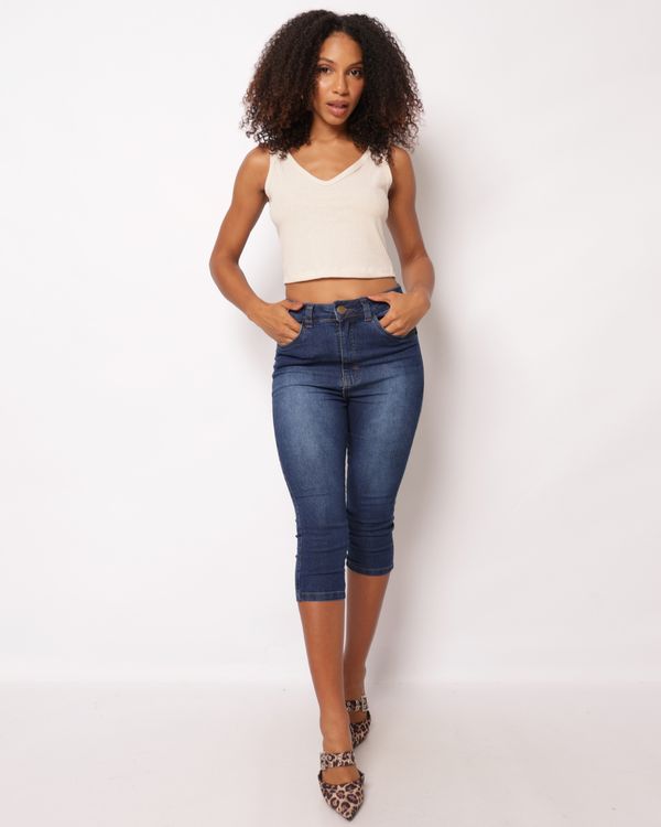 Calça Jeans Feminina Corsário Estonada Levanta Bumbum Azul 36