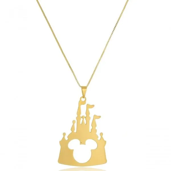 Colar Floratta Joias Personalizado Castelo Disney com Mickey Vazado Folheado em Ouro 18K Dourado Feminino Colar Floratta Joias Personalizado Castelo Disney com Mickey Vazado Folheado em Ouro 18K Dourado