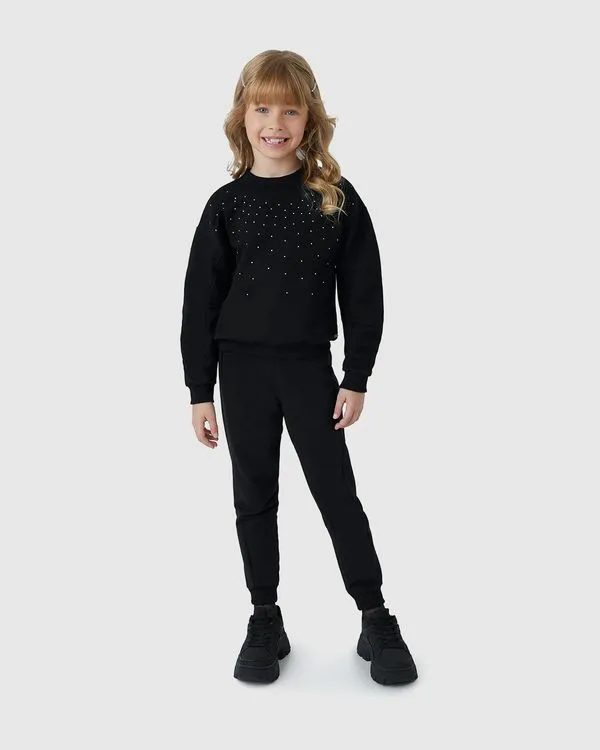 Conjunto Menina Blusão Com Strass Em Moletom Stretch Flanelado - Carinhoso Preto - 14