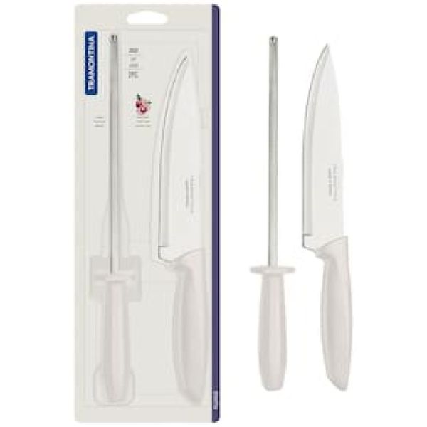 Conjunto Faca Chef e Chaira Tramontina Plenus - 2 Peças Off White