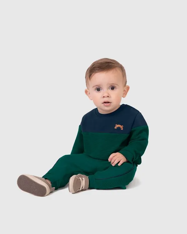 Conjunto Menino Blusão Bicolor Em Moletom Flanelado - Carinhoso Verde - G
