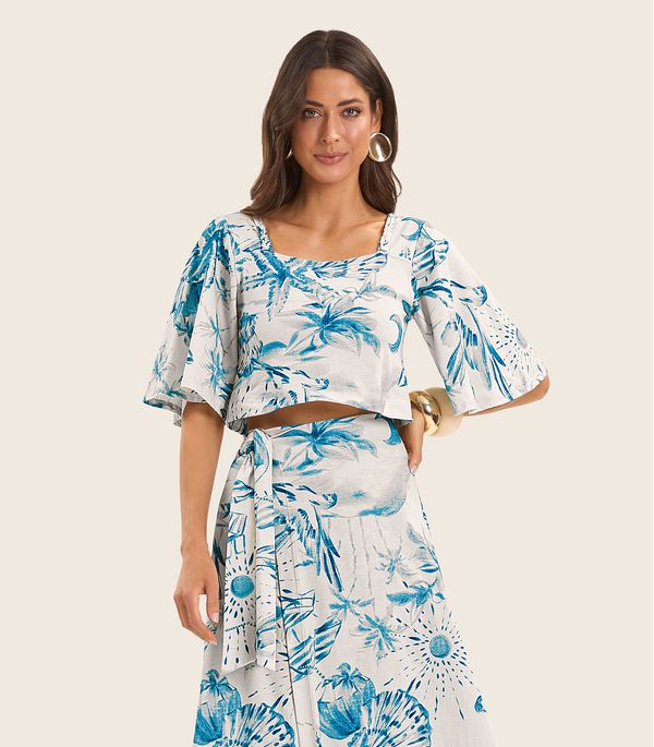 Blusa Cropped Manga Ampla em Meia Malha Endless Azul M