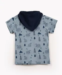 camisa de algodão infantil ursos manga curta com babador azul 12-18