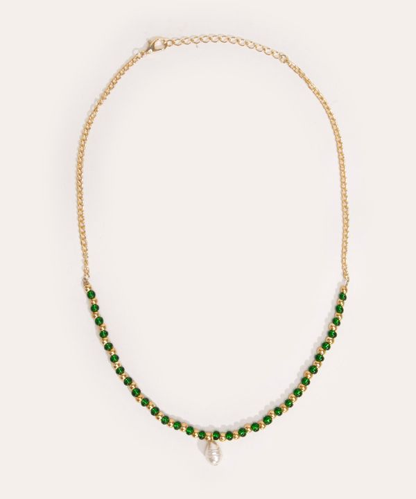 colar com miçangas e pérola dourado Único