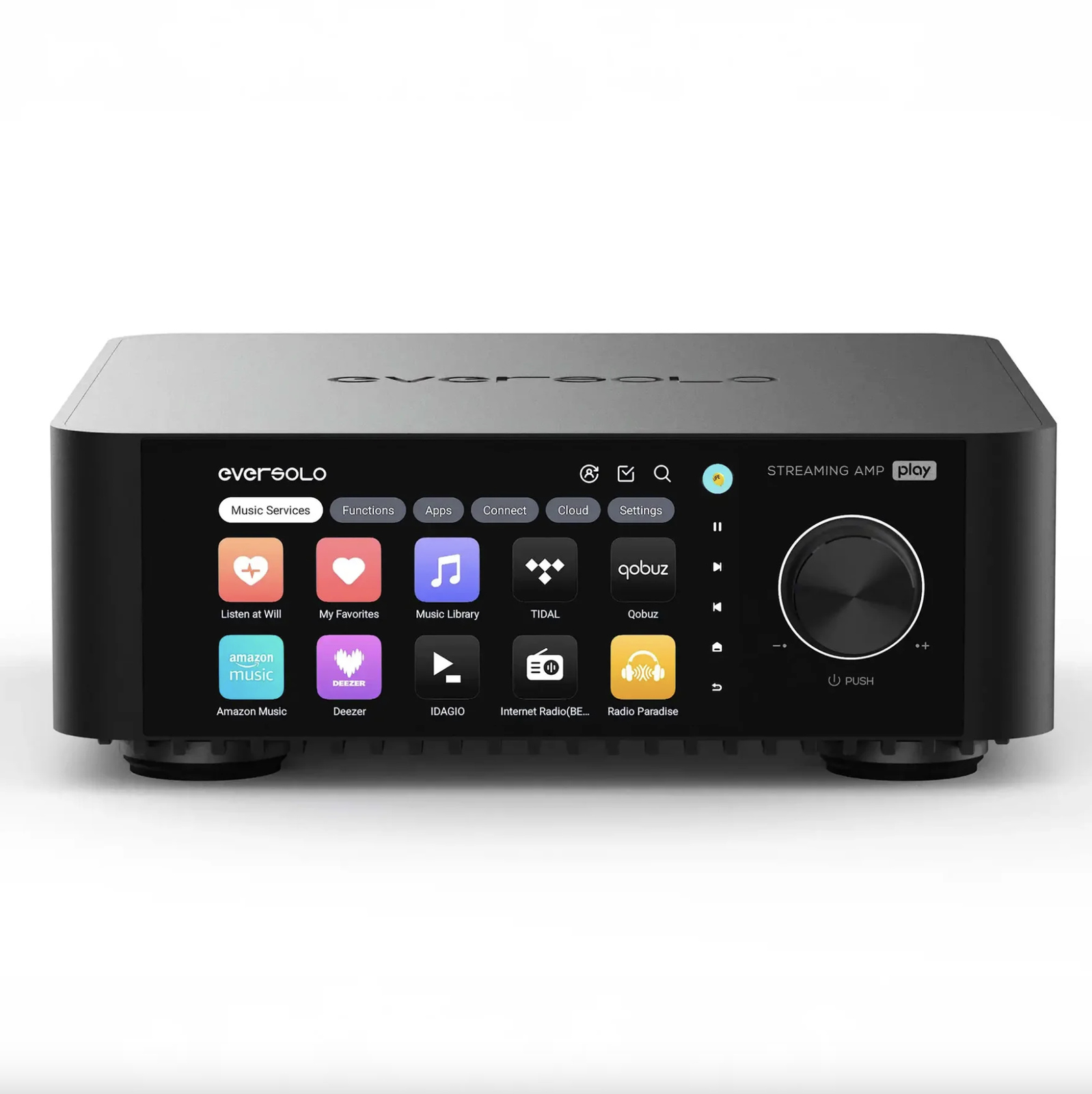 Eversolo PLAY AMP Streamer de música com DAC e amplificador 60 W × 2 canais ( 8 Ohms ) / 110 W × 2 canais ( Ohms )