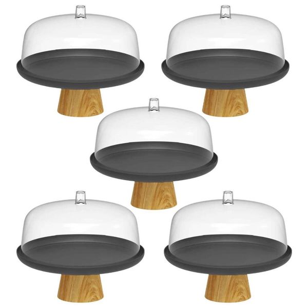 Kit 5 Boleiras com Tampa 25cm Pé Bambu Prato para Bolo Torta Doces Padaria Ou Lume Preto