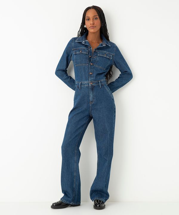 macacão jeans manga longa bolsos frontais azul escuro PP