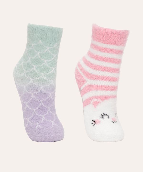 kit de 2 pares de meias infantis gatinha antiderrapante branco 29-34