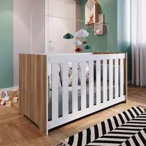 Berço Infantil Simples 133cm Com Regulagem De Altura E Grade Mdf Nogal Com Branco