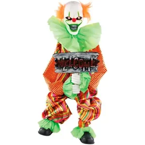Decoração Halloween com Movimento Boneco Palhaço Assassino Welcome Animatrônico com Luz e Som Entrada Porta -