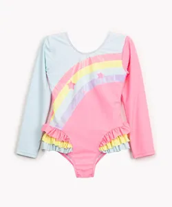 maio infantil arco íris com babados manga longa proteção uv colorido 5