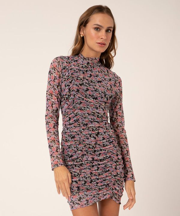vestido de tule curto franzido floral preto P