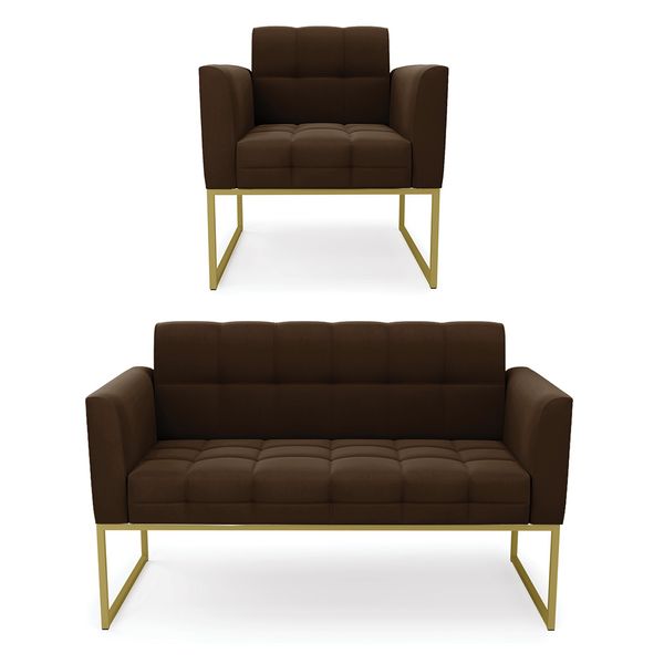 Kit 1 Sofá Namoradeira e 1 Poltrona Elisa Suede Marrom Base Metálica Industrial Dourado - D'Rossi