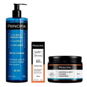 Kit Principia Gel de Limpeza Facial GL-02 500ml + Protetor Solar FPS 60 PS-01 40ml + Creme Hidratante CH-01 50g