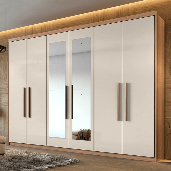 Guarda-roupa em MDF/MDF, 6 Portas, 4 Gavetas, Com Espelho - Aires Carvalho Naturale / Off White