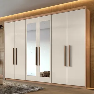 Guarda-roupa em MDF/MDF, 6 Portas, 4 Gavetas, Com Espelho - Aires Carvalho Naturale / Off White