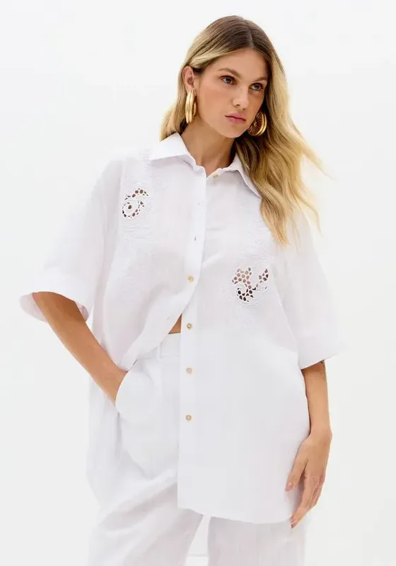 Camisa Manga Curta Bordada Com Linho Branco PP