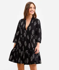 vestido feminino de viscose decote v folhagem preto GG