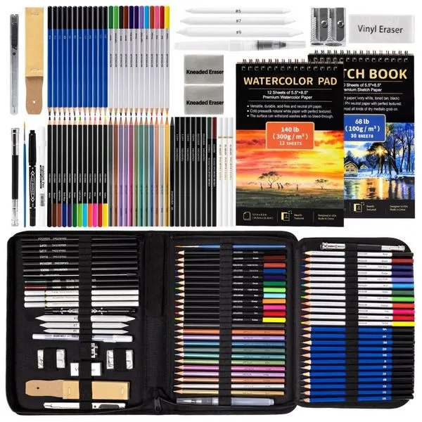 Kit de desenho profissional Drawdart 76 peças com estojo, cadernos de desenho e aquarela, lápis de grafite, carvão, aquarela, óleo e metálicos