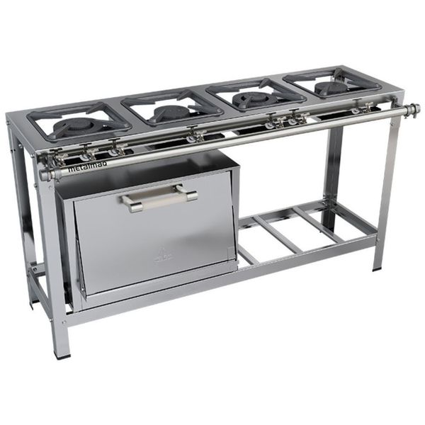 Fogão Industrial Stori Premium 4 Bocas 30x30 Em Linha Com Forno M12 Aço Inox 430 Metalmaq