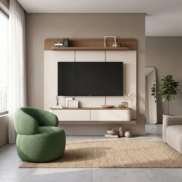 Conjunto Sala Painel Suspenso Concept com Poltrona Eloah 2 Prateleiras MDP MDF 180cm Verde Home Design Conjunto Sala Painel Suspenso Concept com Poltrona Eloah 2 Prateleiras MDP MDF 180cm Verde