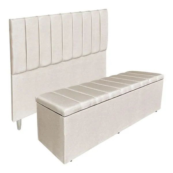 Kit Cabeceira E Calçadeira Recamier Baú Queen 1,60m Holanda Suede Bege - Pallazio