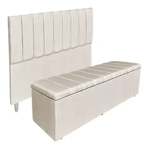 Kit Cabeceira E Calçadeira Recamier Baú Queen 1,60m Holanda Suede Bege - Pallazio