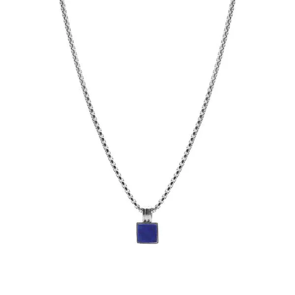 Colar Quad de Aço e Pedra Natural de Lapis Lazulli Azul Escuro Prateado Ajustável