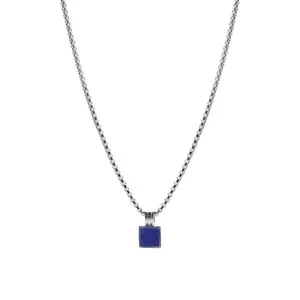 Colar Quad de Aço e Pedra Natural de Lapis Lazulli Azul Escuro Prateado Ajustável