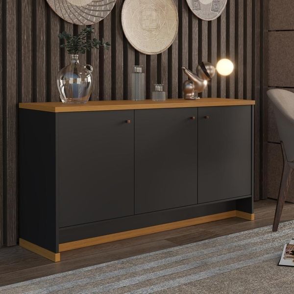 Buffet Aparador 3 Portas 136cm Com Tampo 25mm Verbena - Preto E
