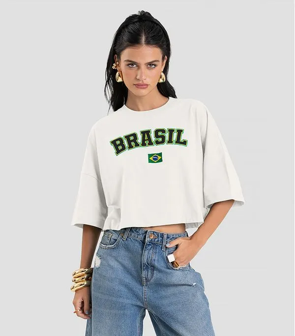 T- Shirt Feminina em Meia Malha Brasil Dianna Bege M
