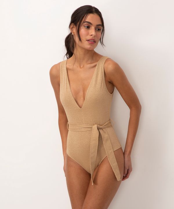 maiô lurex decote v com proteção uv al mare collezione ouro PP