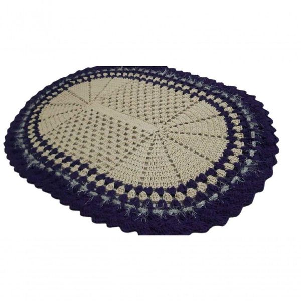 Tapete De Crochê Oval Branco E Azul Artesanal