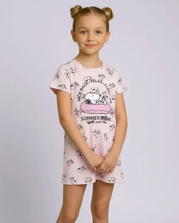Camisola Infantil Curta Algodão Estampada Snoopy Rosa 4