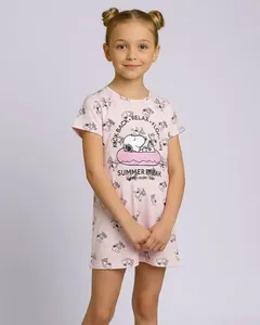 Camisola Infantil Curta Algodão Estampada Snoopy Rosa 4