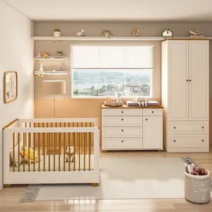 Quarto de Bebê com Berço com Colchão, Cômoda e Guarda-roupa Baby Ananda Casatema OffWhite/Mel