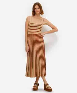 vestido midi feminino de tricot listrado - bege PP