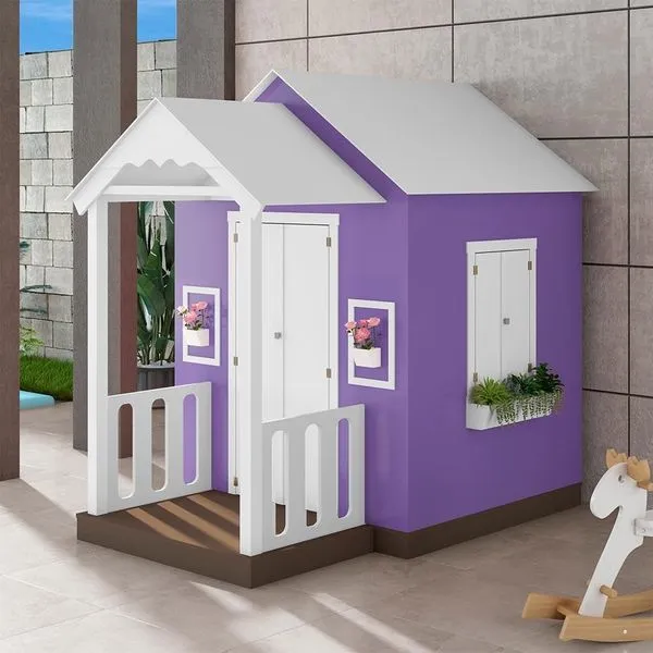 Casinha de Brinquedo com Varanda e Cerca Artesanal L12 Branco-lilás em MDF Criança Feliz Casinha de Brinquedo com Varanda L12 Branco-lilás em MDF Criança Feliz