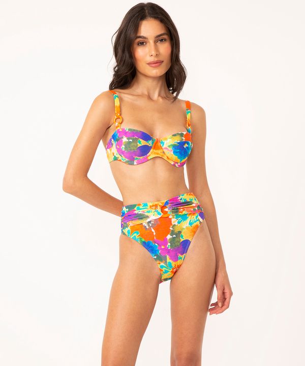biquíni calcinha hot pant floral com argola e proteção uv50 azul G
