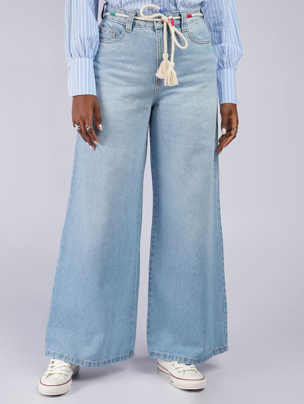 Calça Jeans Super Wide Cropped Com Cinto Feminina AZUL 44