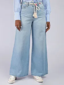 Calça Jeans Super Wide Cropped Com Cinto Feminina AZUL 44