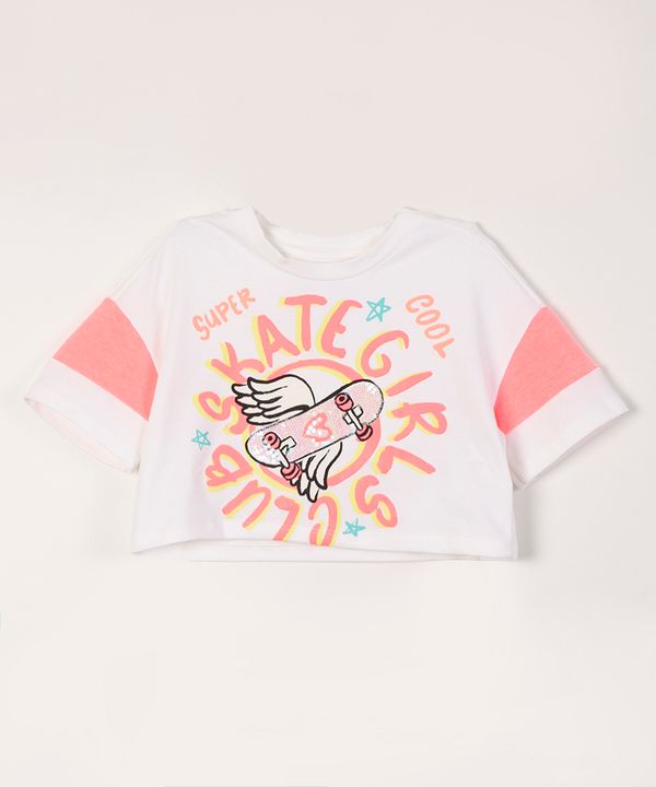 blusa infantil manga curta skate paetê off white 6